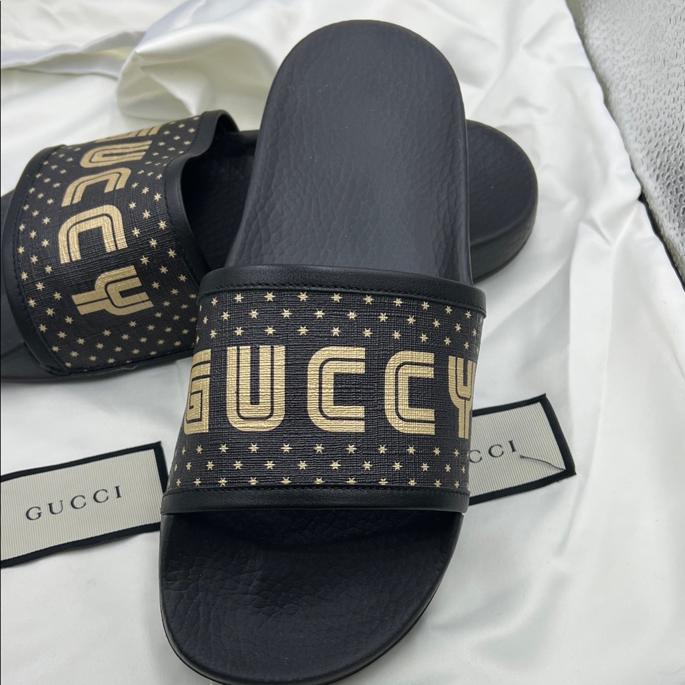 Gucci Black Slides with Gold Logo - Picture 3 of 4